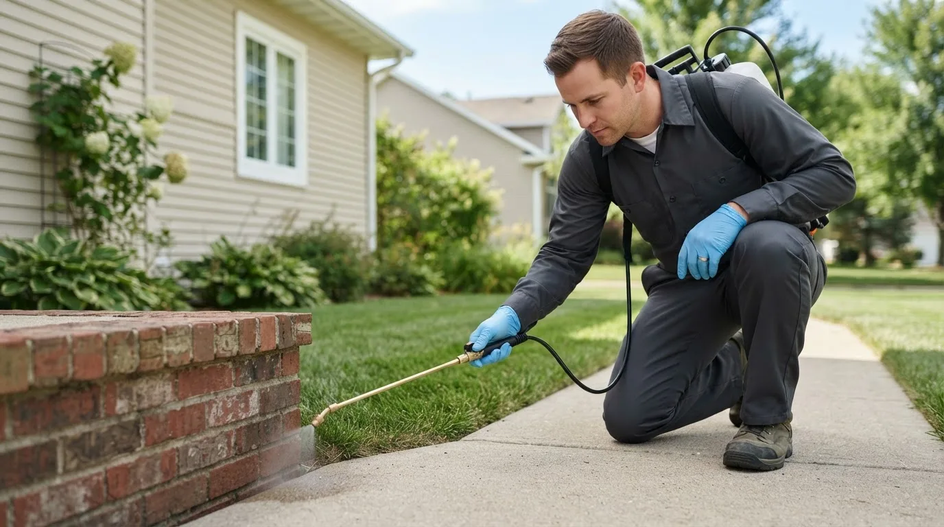 Pest control technician treating a home near Aurora, IA