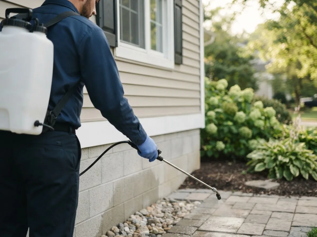 Pest control technician inspecting a home in Aurora, IA